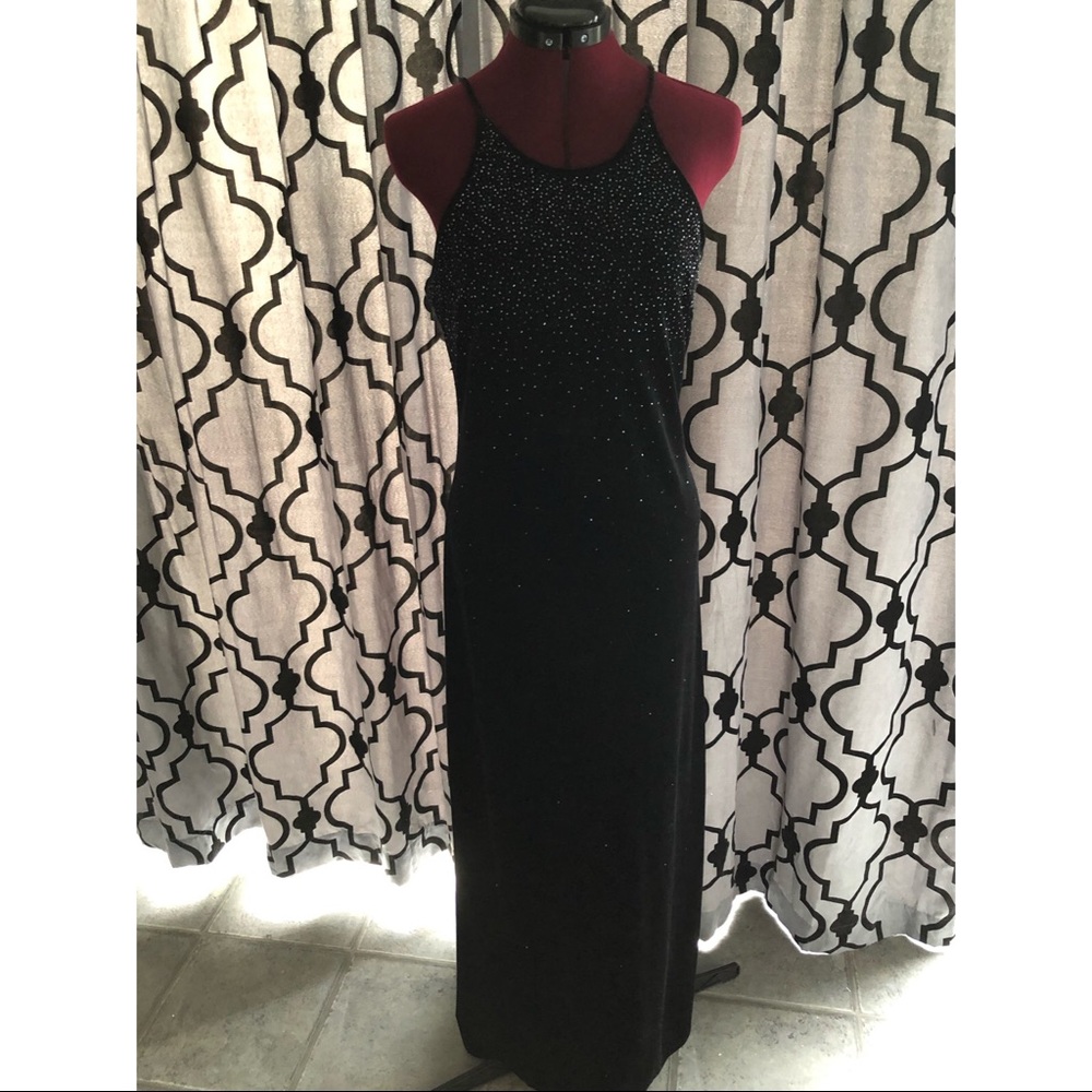 Beaded black velvet long, floor length dress